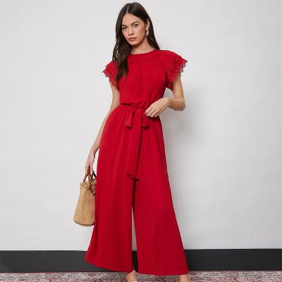 China Wholesale Fashion QUICK DRY Women Casual Overalls Butterfly Sleeves Red Wide Leg Overalls for sale