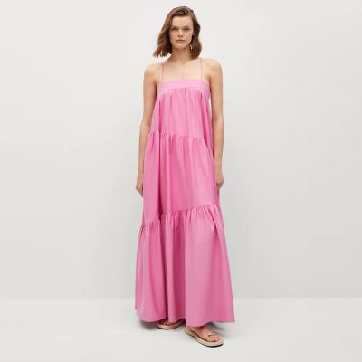 China Anti-Static Summer Customize Logo Pink Color Women Halter Backless Maxi Ruffle Dress for sale