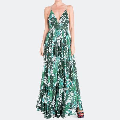 China Wholesale Floral Printing Anti-static Maxi Dress Pleated Beach V-neck Fashion Chiffon Dresses for sale