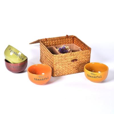 China Amazon Viable Wholesale Emboss 4 Noodle Soup Ceramic Rice Bowl Set With Bamboo Weaving Box for sale