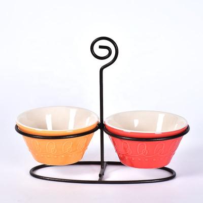 China Sustainable Amazon Factory Wholesale Snack Serving Small Ceramic Sauce Dipping Bowls With Iron Rack for sale