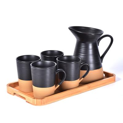 China Amazon Factory Price Ceramic Water Jug 5 Sustainable Black Brown Color Set With Cups for sale