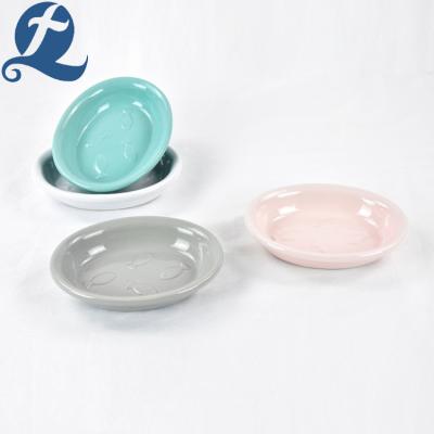 China Viable Fashion Pure Color Custom Printed 6.5 Inch Cute Ceramic Oval Pet Bowl For Cat for sale