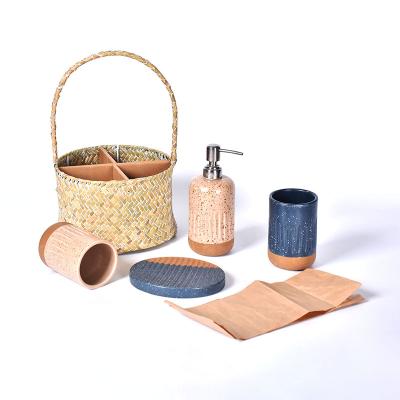 China Sustainable Amazon Designer Ceramic Bath Accessories Bathroom Accessory Set With Bamboo Basket for sale