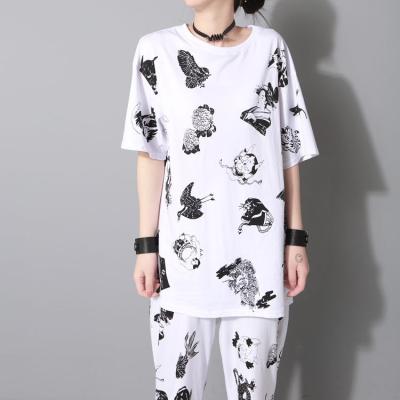 China Retro fashion FB wind ukiyo-e monster printing QUICK DRY T-shirt + straight pants suit, the same style for men and women for sale