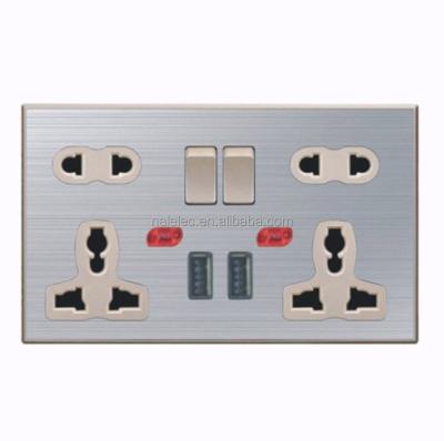 China Multi Functional High Quality Residential/Multipurpose 13A 5 Stainless Steel Dual PIN Switch Socket +Dual USB With Neon for sale