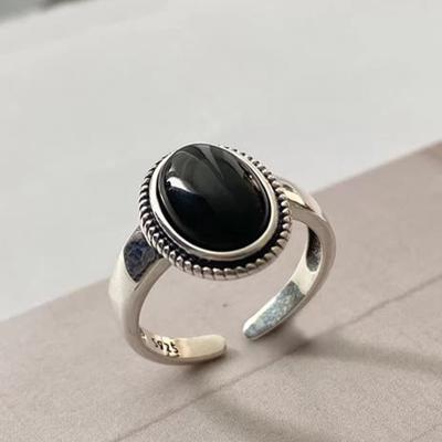 China Suowei 2022 Luxury Jewelry 925 Sterling Silver Women's Black Onyx Anillos Thai Silver Vintage Opening Adjustable Silver Rings for sale