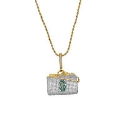 China Hiphop Shinny Cute Purse Bag Jewelry Copper Green CZ Stone Dollar Sign Pendant Necklace for sale