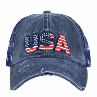 China JOINT USA Embroidered Baseball Hat American Flag Peaked Retro Mesh Hat Independence Day Casual Washed Dad Cowboy Hats for sale