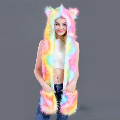 China Novelty Long Colorful Faux Fur Hair Hats Cartoon Scarf Show Women Winter Animal Hat And Scarf Set for sale