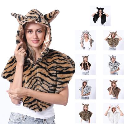 China COMMON Men Women Faux Fur Animal Hat With Shawl Wolf Plush Warm Animal Shawl Hat Scarf Halloween Christmas Party Novelty Fur Hats for sale