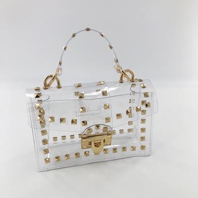 China Fashion Studded Clear Transparent Clear Long Chain PVC Makeup Jelly Handbags Women Handbags Bags New for sale