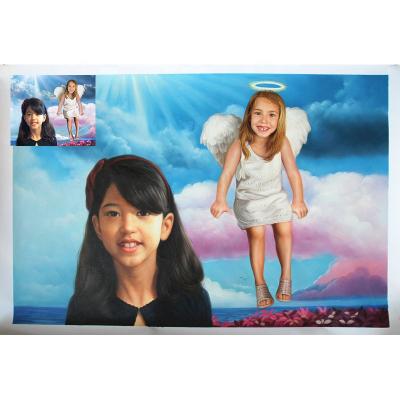 China Realistic Custom Portrait With Angel Wings Girl Gift Handmade Canvas Oil Painting For Home Wall Art Living Room Bedroom Decor for sale