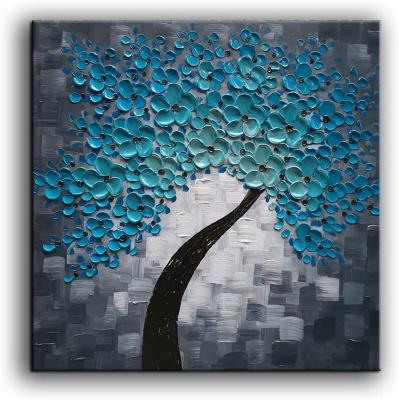 China Modern Home Decor 3D Abstract 100% Handmade Texture Canvas Wall Art Blue Tree Flowers Oil Paintings for sale