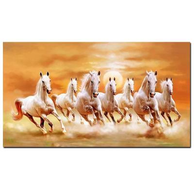 China Large Modern Handmade Wall Art Decor Oil Painting Canvas 7 White Running Horses For Living Room for sale