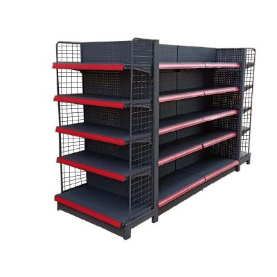 China Good Price Double Sided Frosted Heavy Duty Cold Rolled Steel Gray Color Mesh Shelf Gondola Merchandise Displays Double Sided Supermarket Shelf for sale