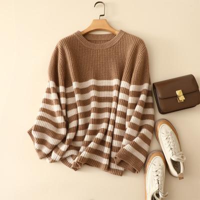 China Women Anti-Shrink Rib Knit Crew Neck Striped Thick Cashmere Pullover Sweater for sale