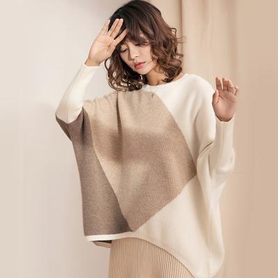 China Women Anti-Shrinkage Bat Sleeve Rib Knit Color Block Casual Cashmere Sweater for sale