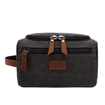 China Wholesale Durable Eco Leather Men Travel Canvas Black Toiletry Bag Custom Logo for sale