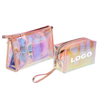 China Low MOQ 50 Pcs Logo Fashion Clear Holographic Makeup Bag New Fashion Transparent Laser Printing Custom Luxury Custom Cosmetic Pouch for sale