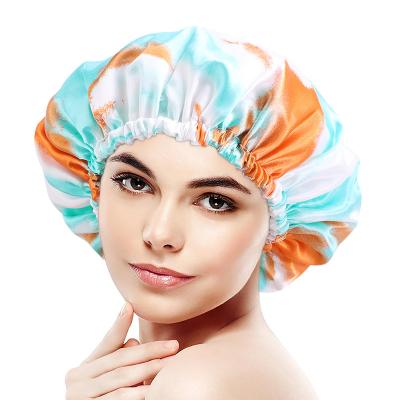 China Sustainable Tie Dyed Print Waterproof Bath Use Hair Cover Women Double Layer Bathing Cap Salon Make Up Shower Hood For Female for sale