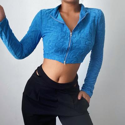 China Anti-pilling women 2021 autumn new top fashion single fitness zip up long sleeve crop top for sale