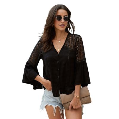 China New Arrival Anti-Shrink Casual Lace Hollow Long Sleeve Fashion Tops Loose Blouse Women Shirts for sale