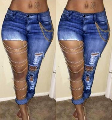 China New Arrival Breathable Denim Pants Woman Chain Stretch Cotton Lattice Pencil Pants Attractive Ripped Dangling Pants Women Large for sale