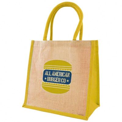 China Wholesale reusable cheap printed laminated natural jute shopping bag, packing jute bag for sale