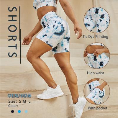 China Breathable Tie Dye Custom Printed Sports Shorts High Waist Hips Tight Gym Shorts With Pockets for sale