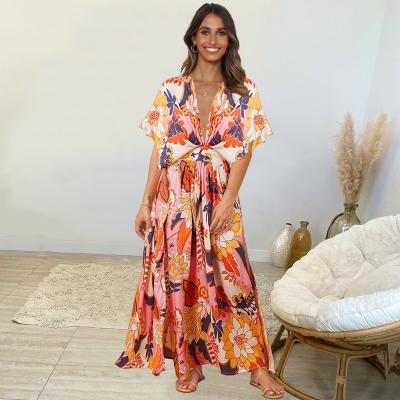 China 2022 Anti-Static Women's Long V-Neck Boho Dress Summer Belted Maxi Dress Casual Sexy Party Dress Ladies Beach Vacation Bohemian Sunbathing for sale