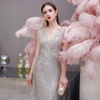 China 2021 new Anti-wrinkle sequin V-neck banquet female temperament evening dress atmospheric long skirt and elegant queen of the atmosphere for sale