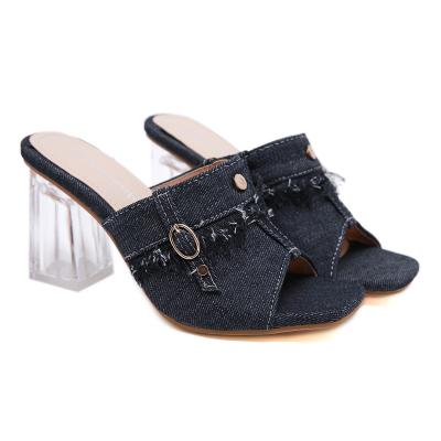 China Fashion Trend Factory Wholesale Ladies Sandals Adjust Toe Open Toe Denim Crystal Chunky Heel Ladies Custom Sandals for sale