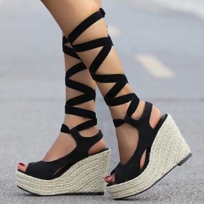 China Ladies Summer Open Sandals Roman Sandals Black Fish Mouth Toe Wedge Cross Straps Women Fashion Trend Factory Sale for sale