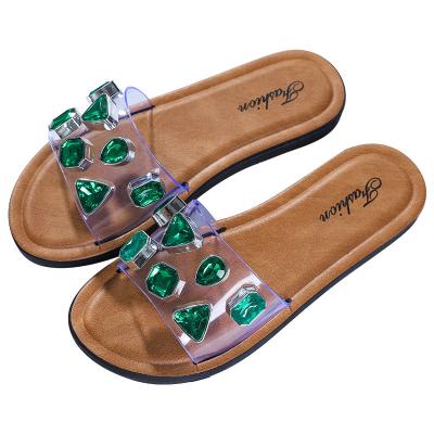 China Mouth Toe Diamond Ladies Outdoor Flat Slippers Open Fish Solid Color Fashion Trend Summer Ladies Slippers for sale