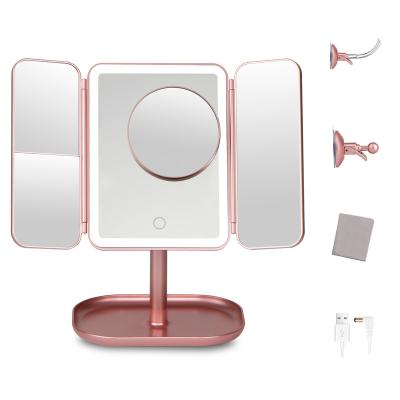 China Lighted Travel Foldable Mirror Led Lighted Vanity And Makeup Mirror Light Portable Mirror for sale