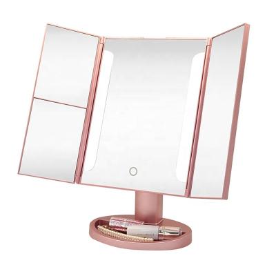 China Table Lighted Foldable Stand Tri Folded To Make Up Vanity Led Makeup Mirror With Lightweight And Foldable Stand for sale