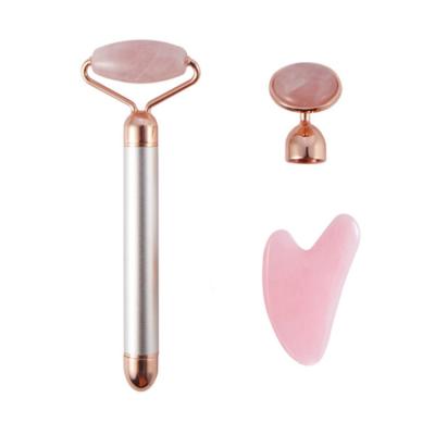 China Eye Care OEM Vibrating Rose Quartz Jade Roller Natural Face Lifting Crystal Jade Stone Facial Roller Beauty Massage Set for sale