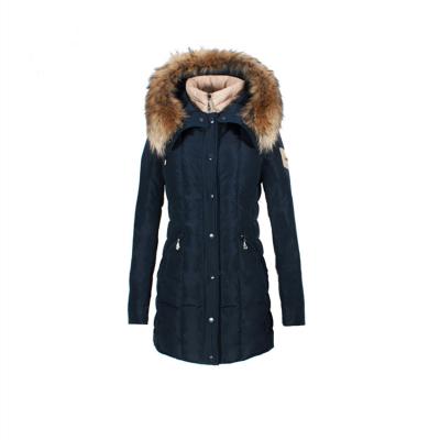 China 2021 anti-shrink long style anti-shrink waist reduction down women winter jacket with big natural raccoon fur in polyester fabric and zipper for sale