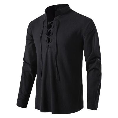 China Anti-Wrinkle Men's Retro Canvas Shirt Long Sleeve V-Neck Lace Up Stand Collar T-Shirt for sale