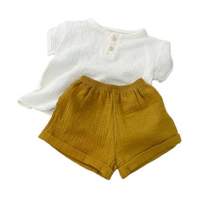 China Baby Boy Casual Clothes Summer Shorts Sleeve Shorts Suit Baby Girl Cotton Solid Color Casual Clothes Canvas Kids 2 Piece Set for sale