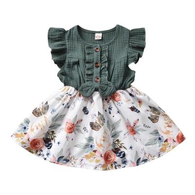 China Washable Babies Dress Bow Knot Flowers Print Ruffles Sleeve Patchwork Knee Length A Line Dress for sale