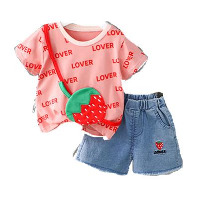 China Casual Baby Clothes Girls Fruit Printed T-shirt Denim Shorts Tassel Set Fashion Kids Outfits for sale