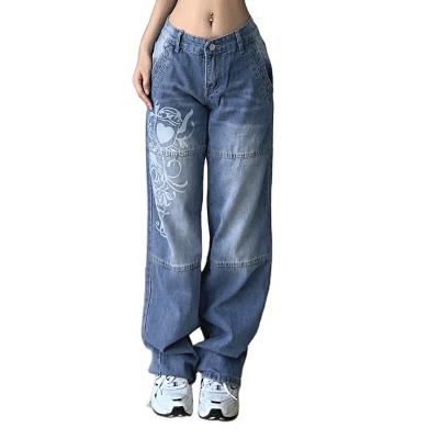 China Breathable Harajuku Printed Cargo Jeans Dark Blue Y2K Brown Waist Streetwear 90S Loose Jeans Women Pants Straight Wide Leg Jeans for sale