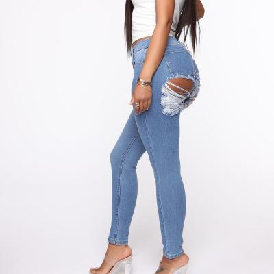 China 2022 Female Breathable Summer Autumn Super Stretch Skinny Jeans Heavy Distressed Butt Ripped High Waist Pants For Women for sale