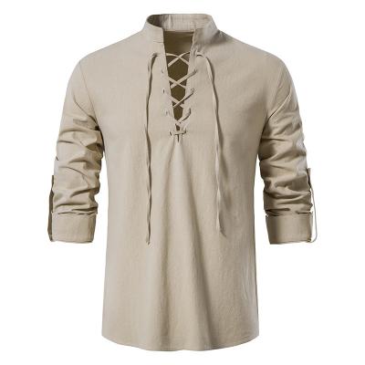 China Renaissance Mens Solid Medieval Pirate Anti-Shrink Shirt Male Long Sleeve Lace Up Henley Shirt Men Mandarin Collar Shirt for sale