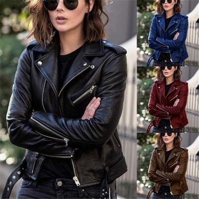 China 2021 New Autumn 5XL PU Motorcycle Jacket Women QUICK DRY Short Thin Fit Faux Leather Leather Tops Jacket Coat for sale