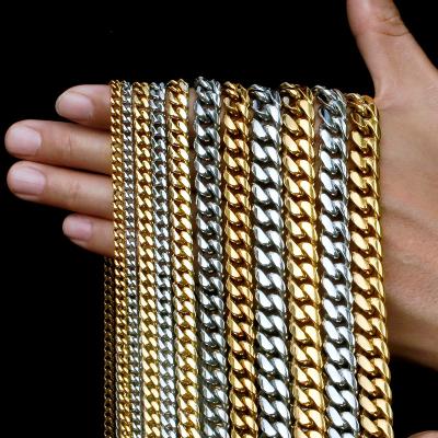 China 2023 Hip Hop Restriction Wholesale Custom Cuban Link Mens Miami Stainless Steel 14k 18k Gold Non-fading Plated Necklace Cuban Link Chain for sale