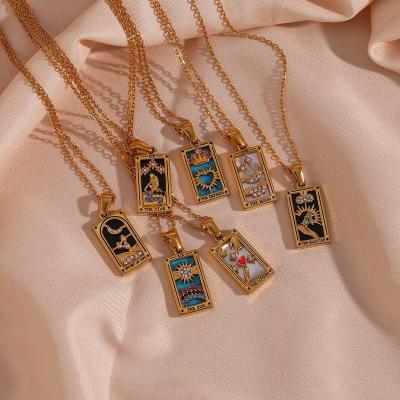 China Colorful Vintage Square Enamel Zircon Tarot Cards Pendant Necklace 18K Gold Plated Stainless Steel Necklaces For Women for sale