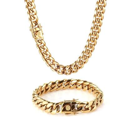 China Hip Hop Punk Gold Plated Jewelry Stainless Steel Necklace Bracelet Men Wholesale Gold Plated Miami Cuban Cuban Chain Bracelet for sale